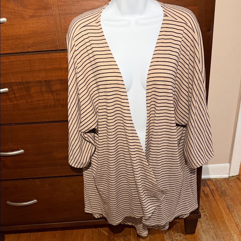 LuLaRoe Striped Open-Front Kimono in Beige and Black